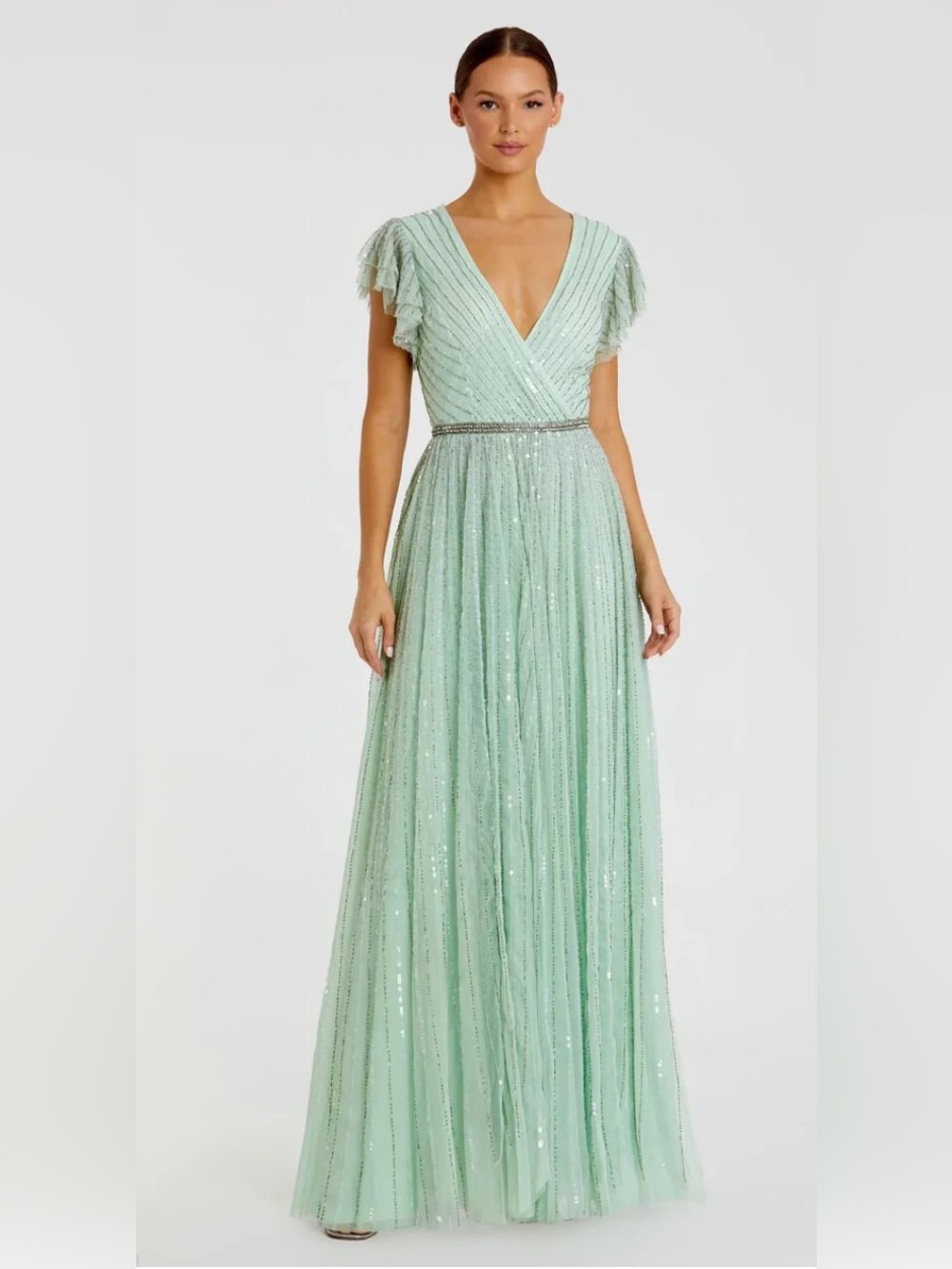 Mac Duggal Green Sequined Wrap Over Ruffled Cap Sleeve Gown